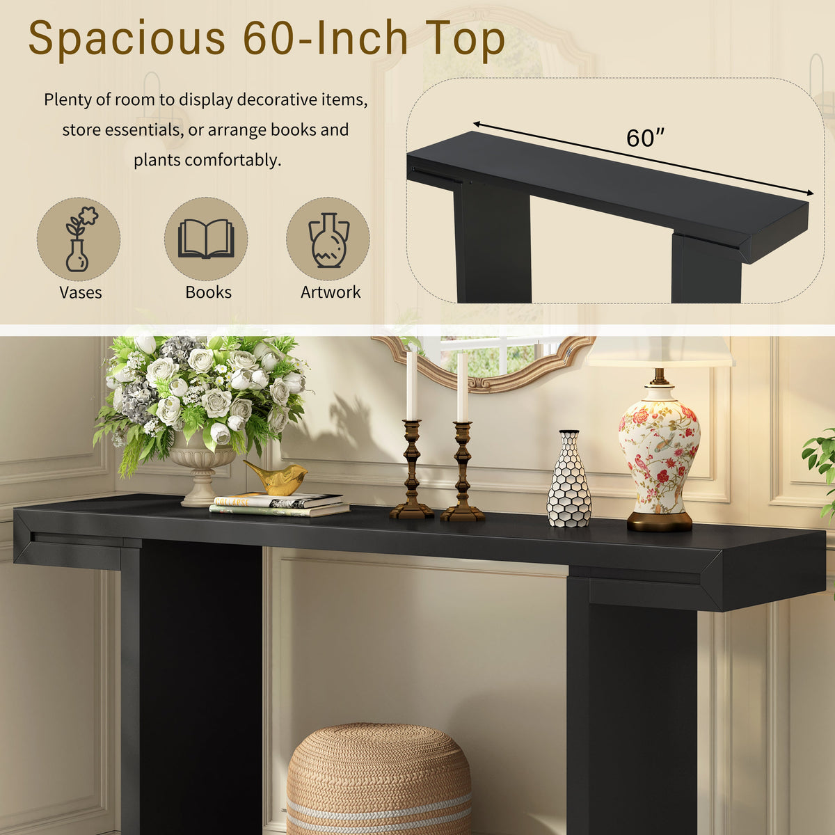60-Inch Console Table with Geometric Design and Adjustable Feet - Black or Navy Blue