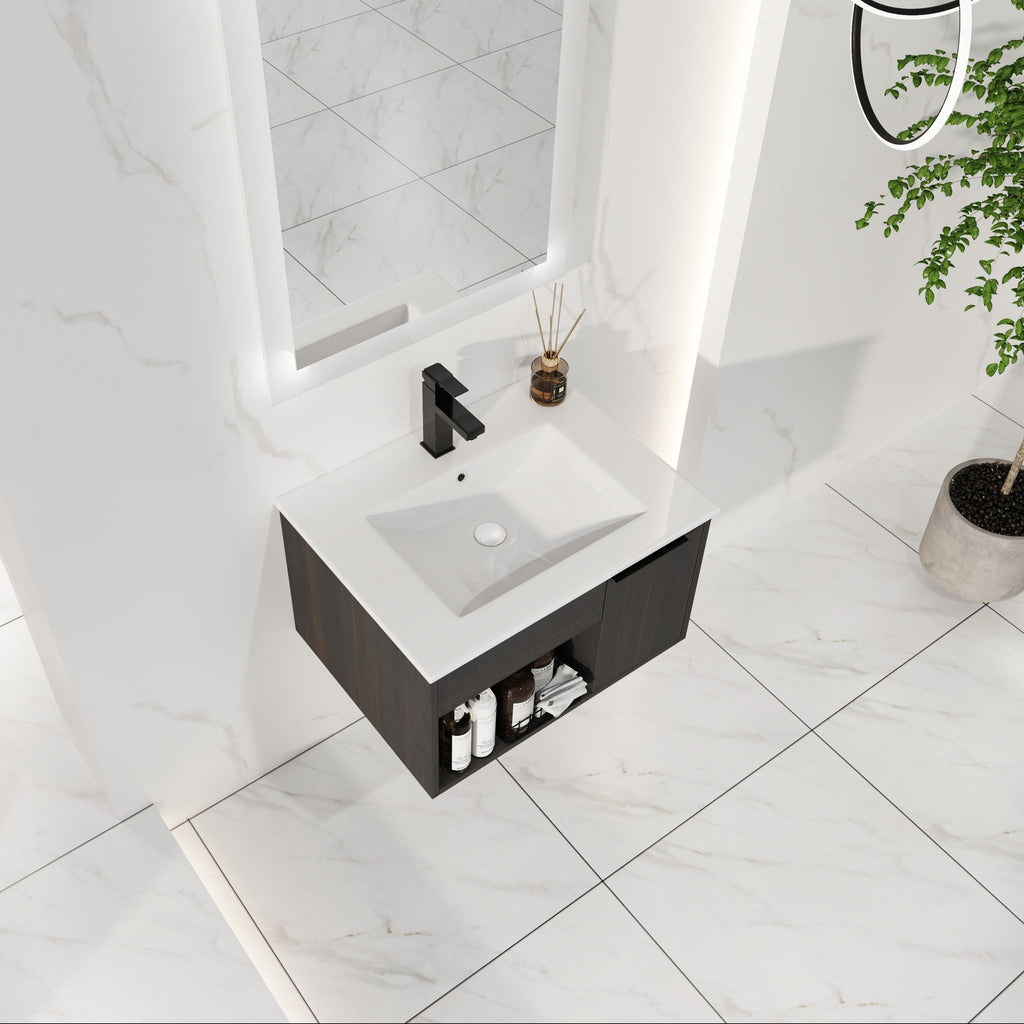 Wall Mounted Floating Bathroom Vanity with Open Shelf & Soft Close Door - Dark Brown