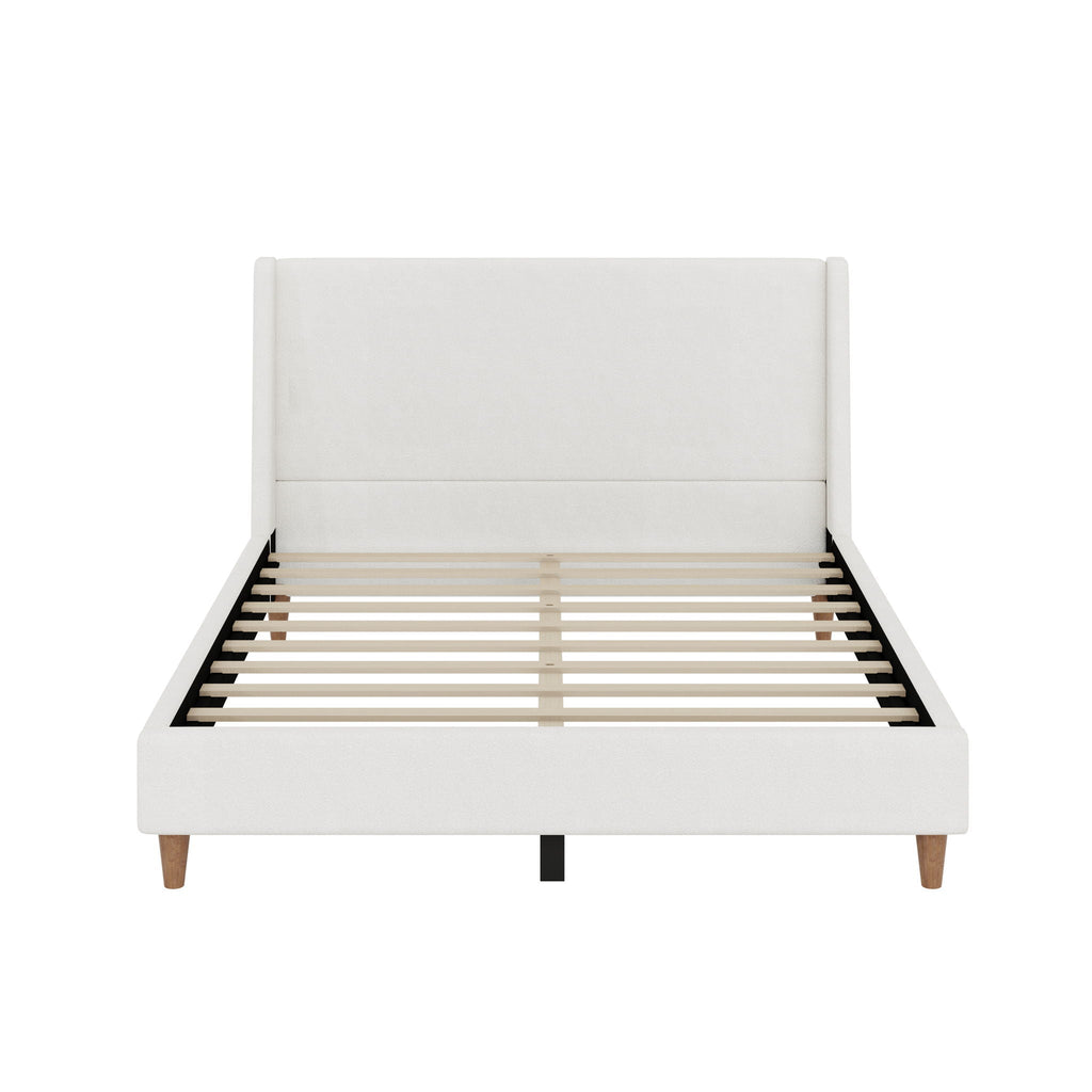Upholstered Modern Platform Bed with Wingback Headboard - Beige or White