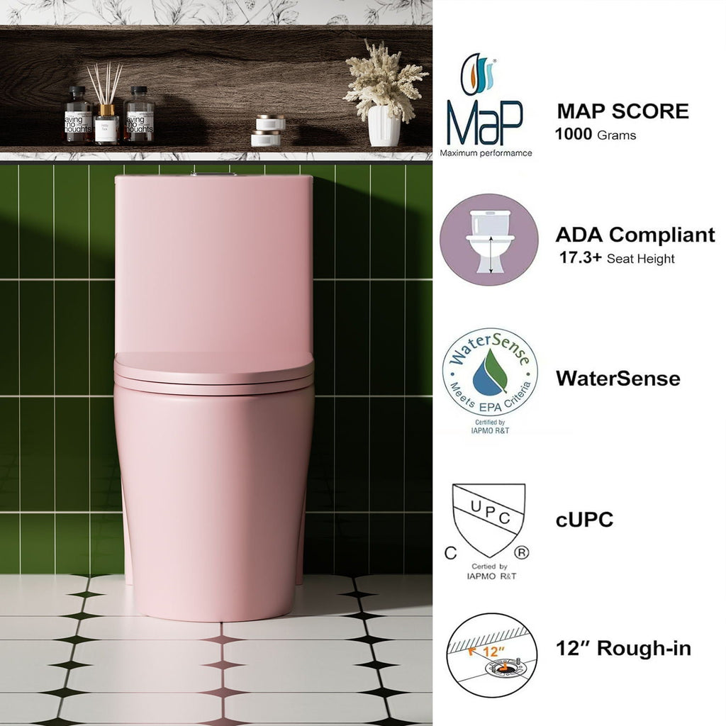 1 Piece Toilet with Tornado Flush and Dual Flush - ADA Height Chair - Gray, Pink, or Black