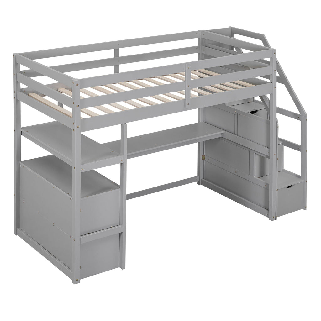 Loft Bed with Desk and Storage Staircase - Full or Twin, White or Gray