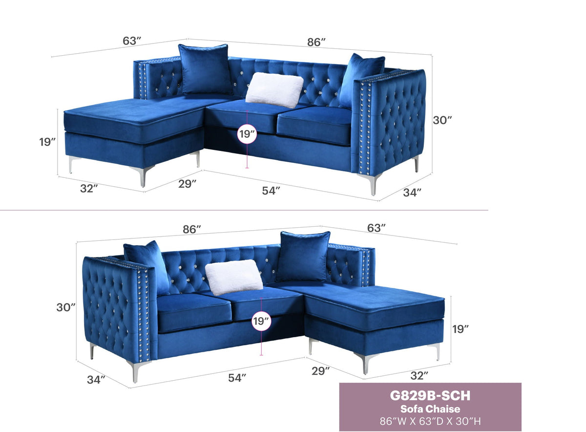 Sofa Chaise with Faux Jewel Tufting - Multiple Colors