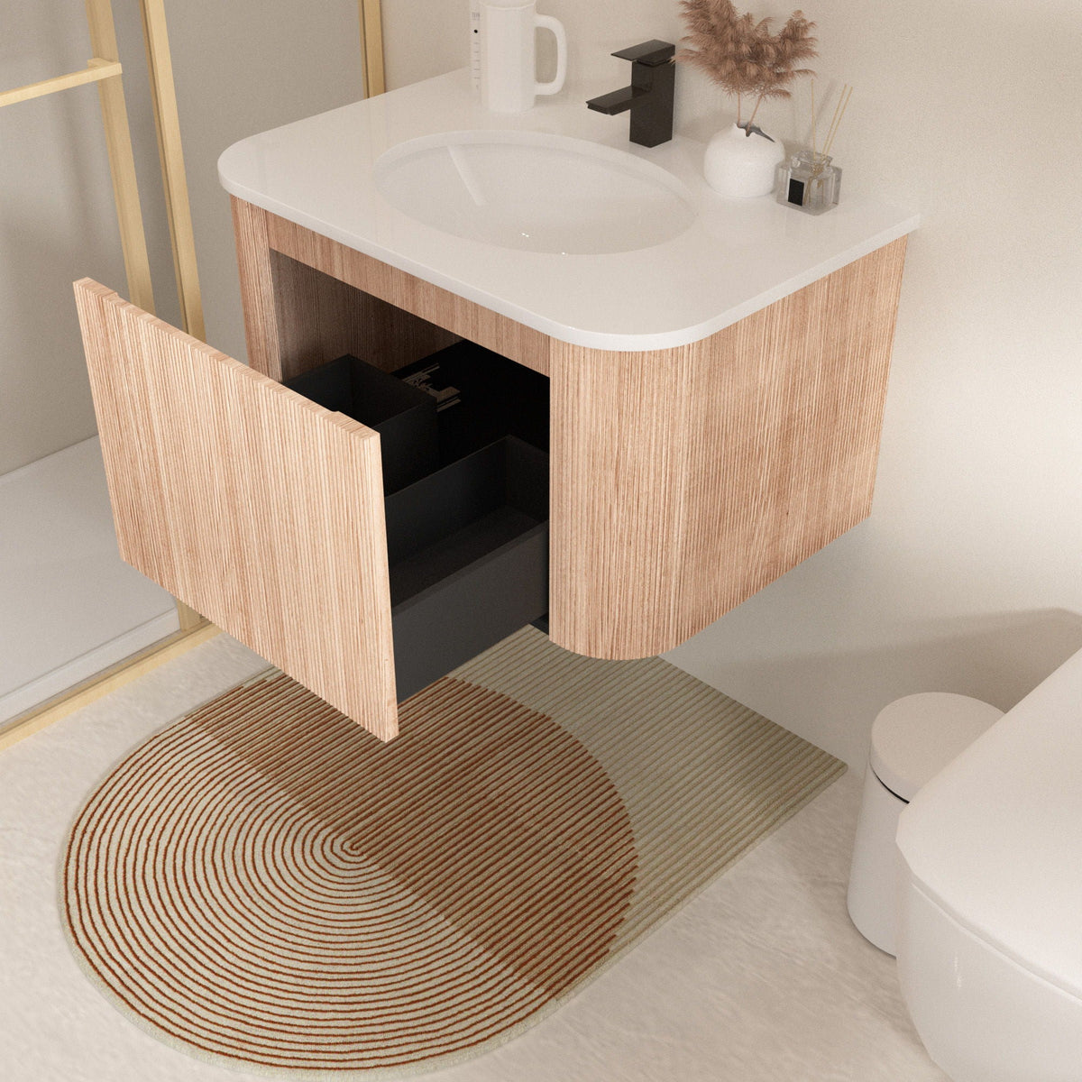 Light Brown Wall Mounted Bathroom Vanity with Sink - Curved Front