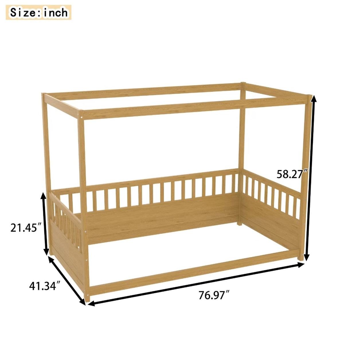 Twin Size Canopy Bed Frame with Guardrails - Natural Wood