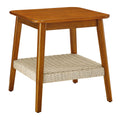 Mid-Century Square Side Table with Woven Shelf - Walnut