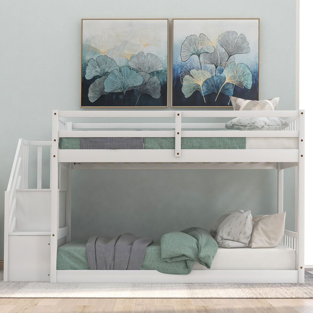 Twin Over Twin Floor Bunk Bed with Ladder Storage - White or Dark Gray