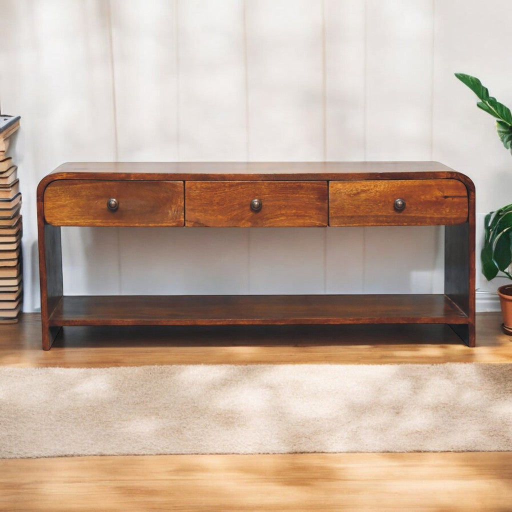 Solid Wood Aspen Slim Media Unit with 3 Drawers - Chestnut Finish