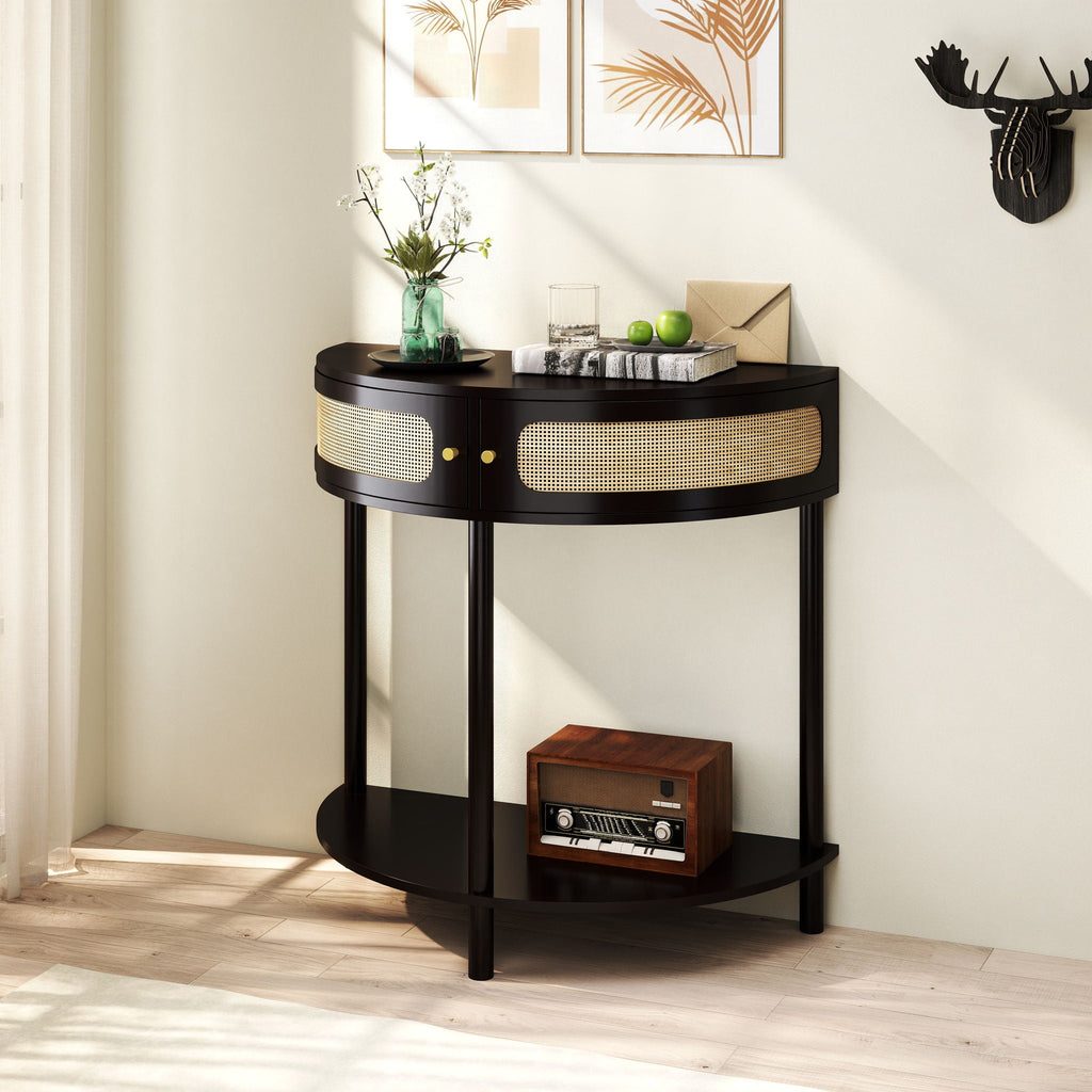 Boho Rattan Semi Circle End Table with Sliding Door and Storage - Black or Dark Green