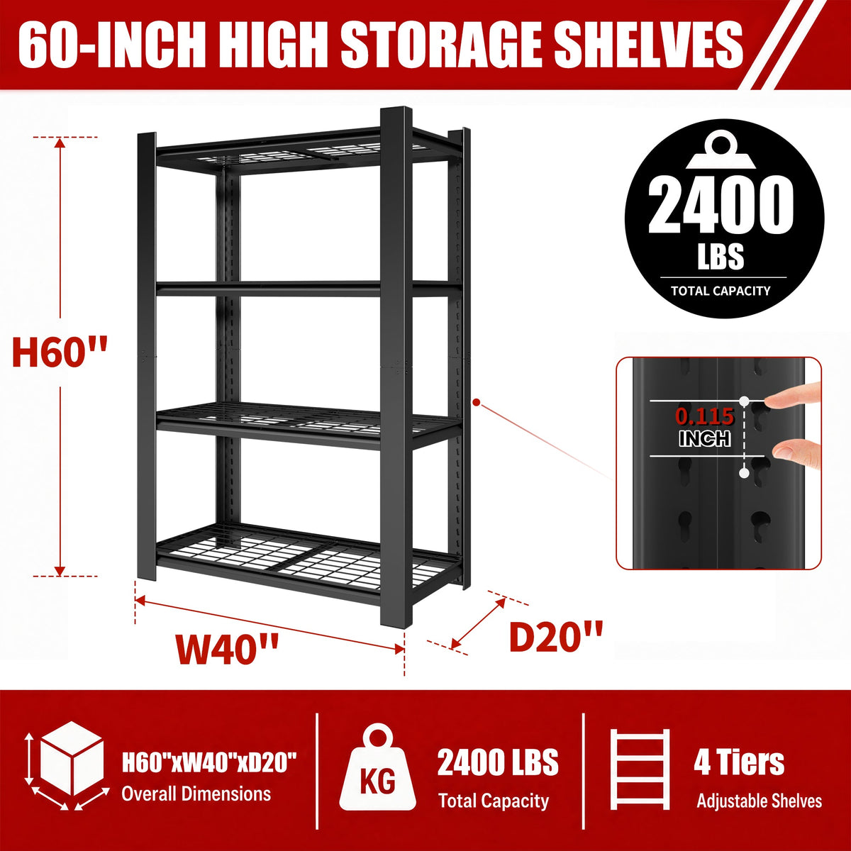 60"H 4-Tier Heavy Duty Metal Mesh Storage Rack with Adjustable Shelves