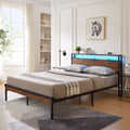 Metal Platform Bed Frame with Wooden Headboard and USB - Dark Brown