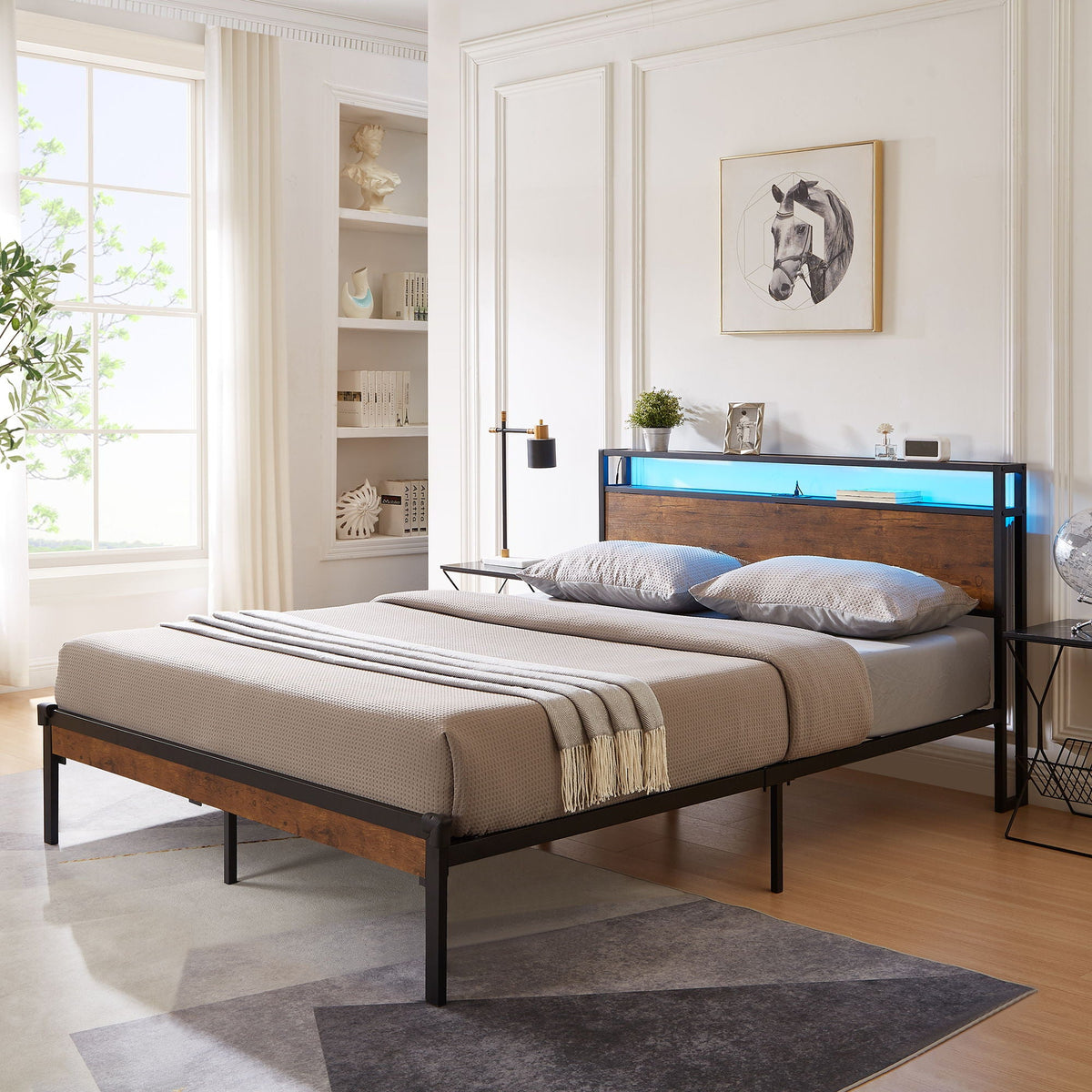 Metal Platform Bed Frame with Wooden Headboard and USB - Dark Brown