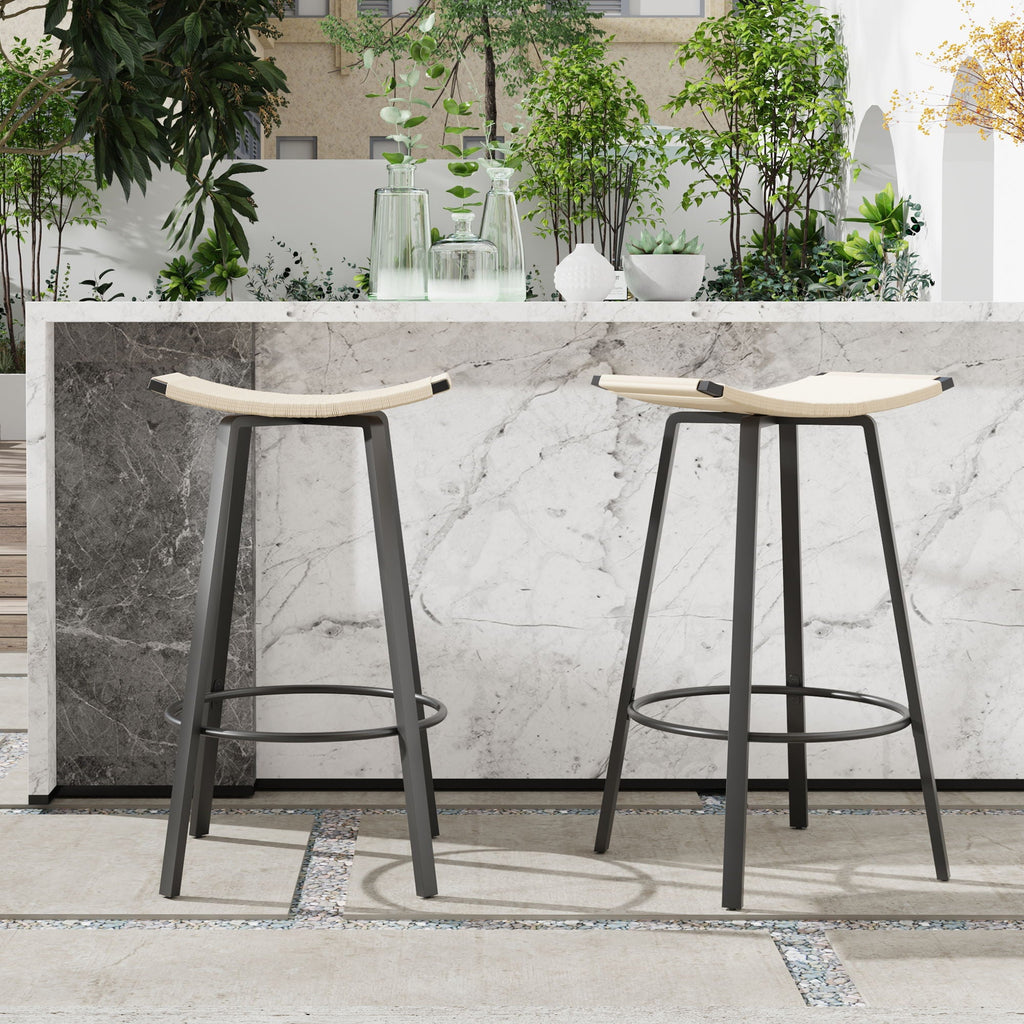 Counter Height Bar Stools Backless Handwoven Set with Round Footrest - Creamy White