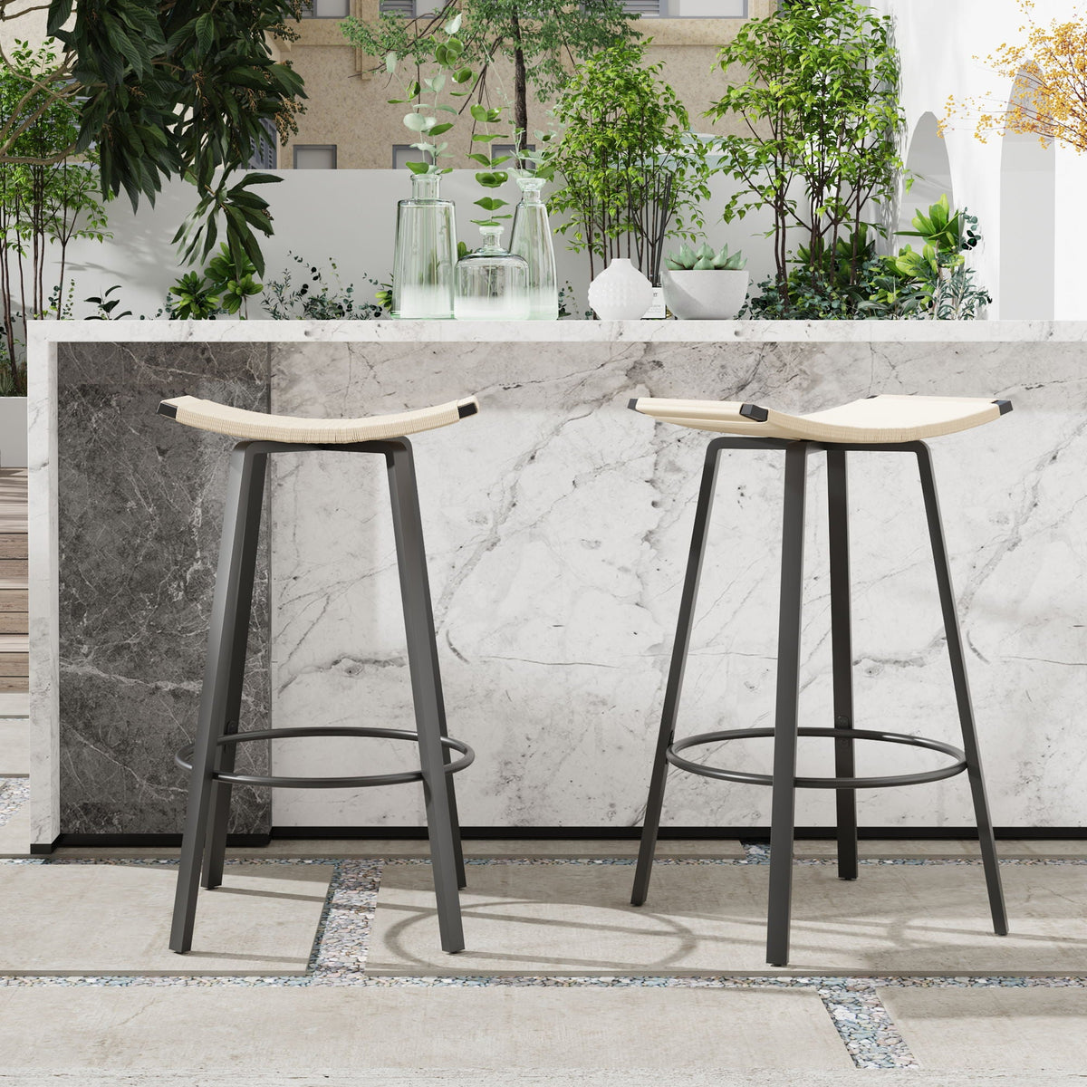 Counter Height Bar Stools Backless Handwoven Set with Round Footrest - Creamy White