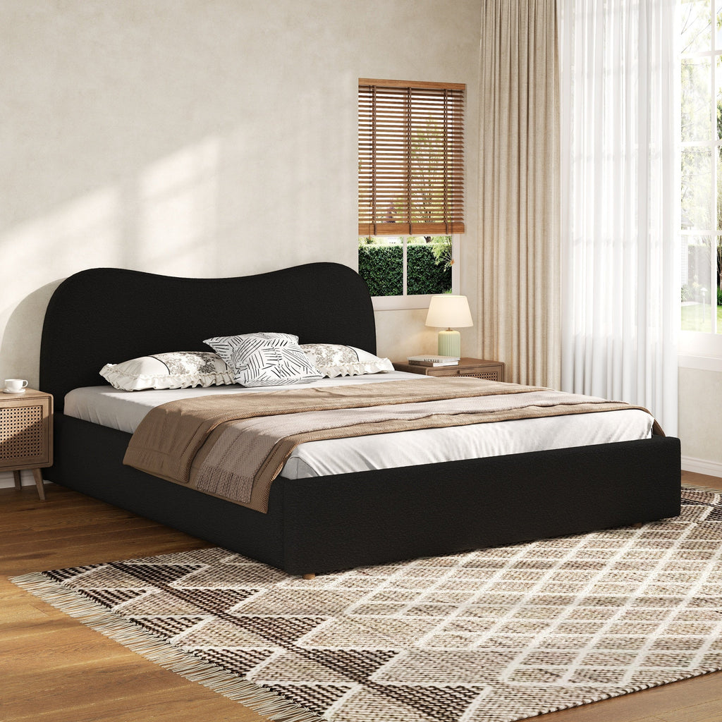 King Size Upholstered Platform Bed with Wooden Slats - Black or White