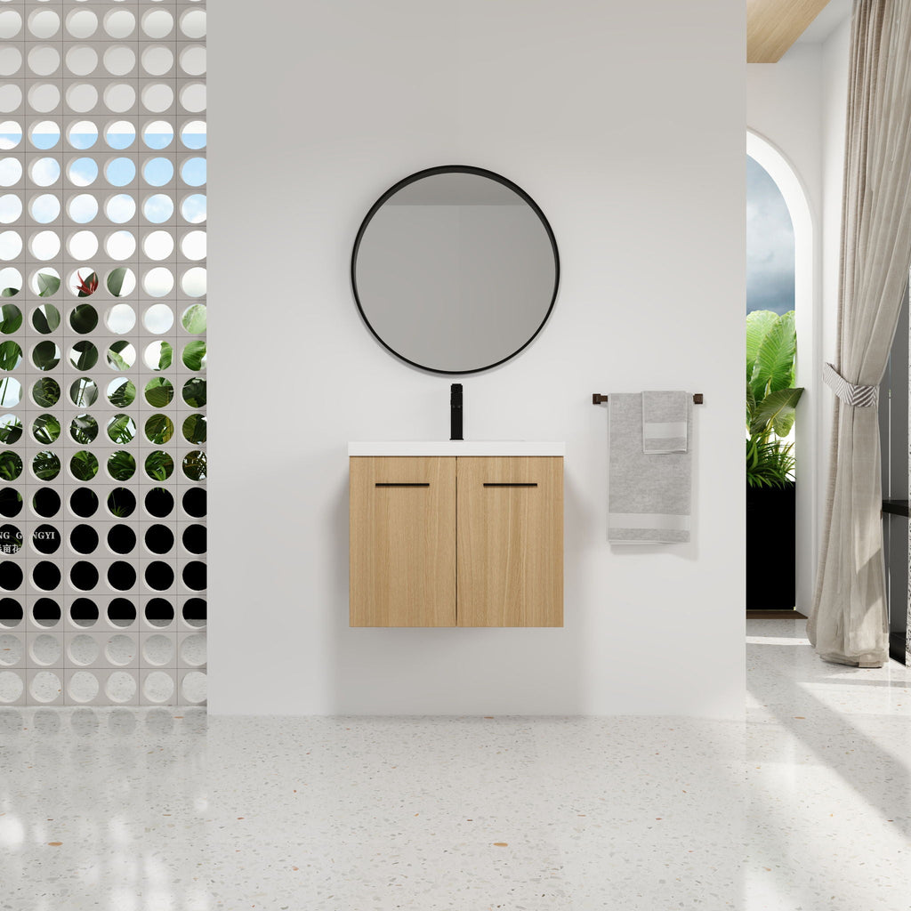 Floating Bathroom Vanity With Sink, Wall Mounted Double Door Storage - Light Brown