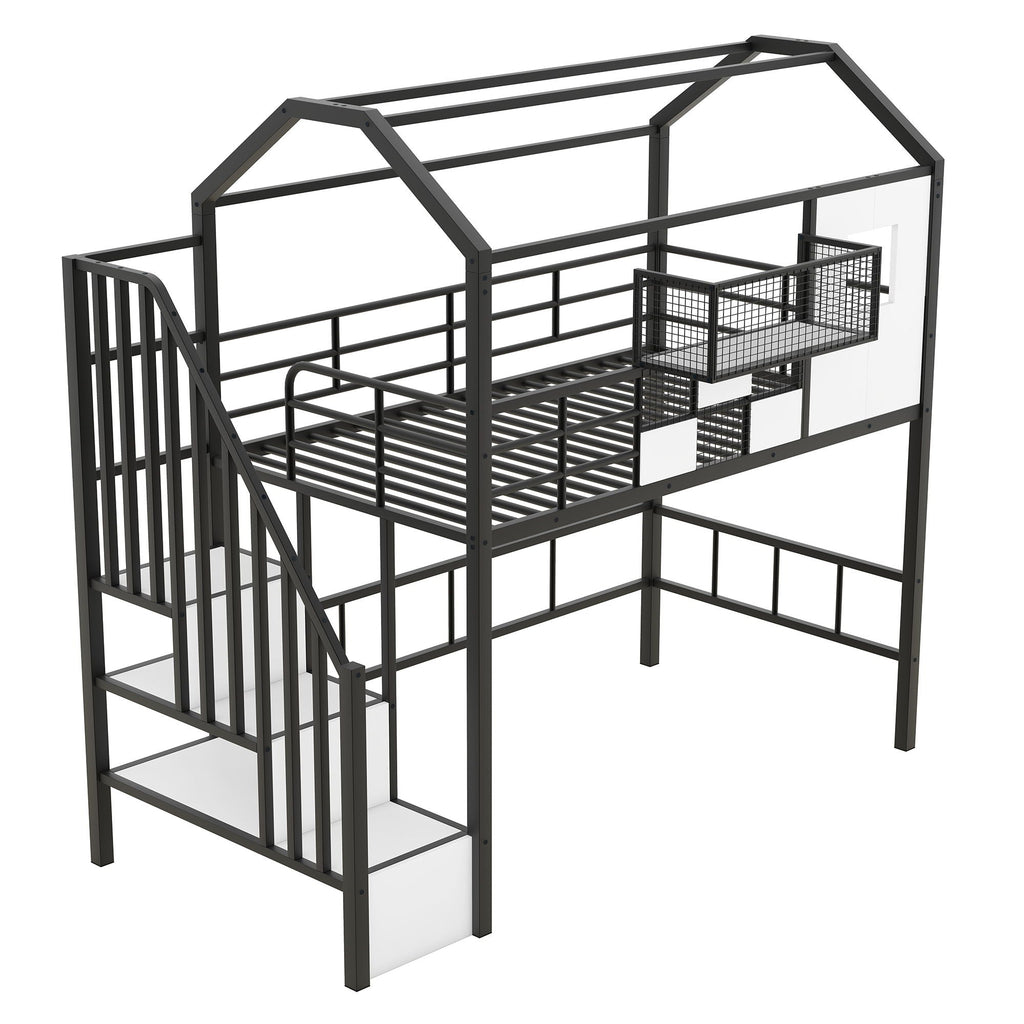 Metal Loft Bed With Roof Design and Storage Box with Guardrails and Integrated Ladder - Twin