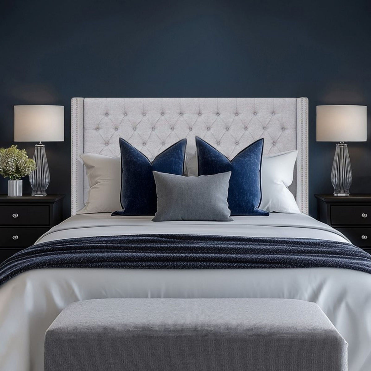 Transitional Upholstery Headboard with Tufted Buttons and Nailhead Trim - Queen, Gray or Blue