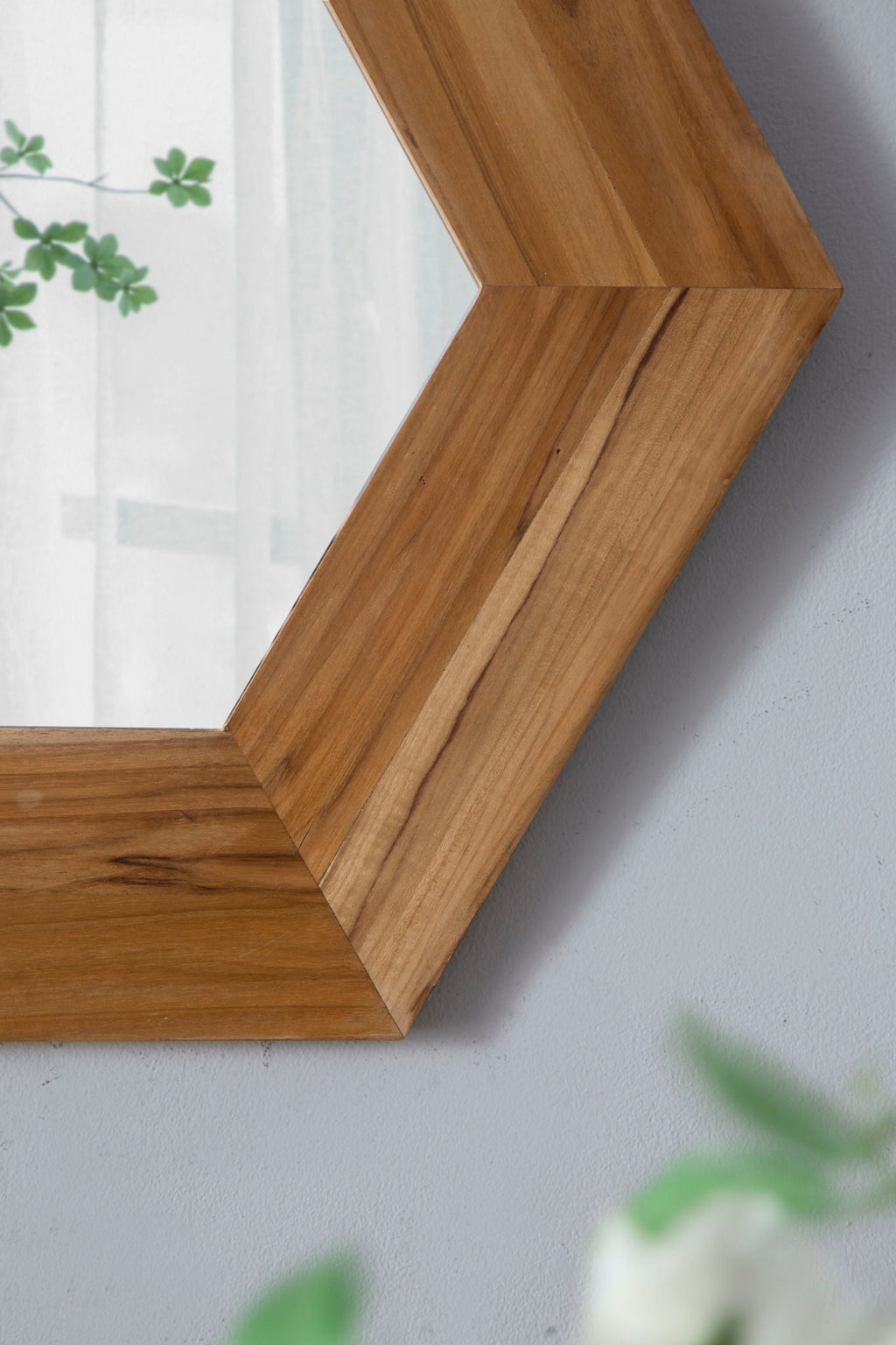 Hexagon Accent Mirror with Solid Teak Wood Frame - Light Brown, Dark Brown, Black