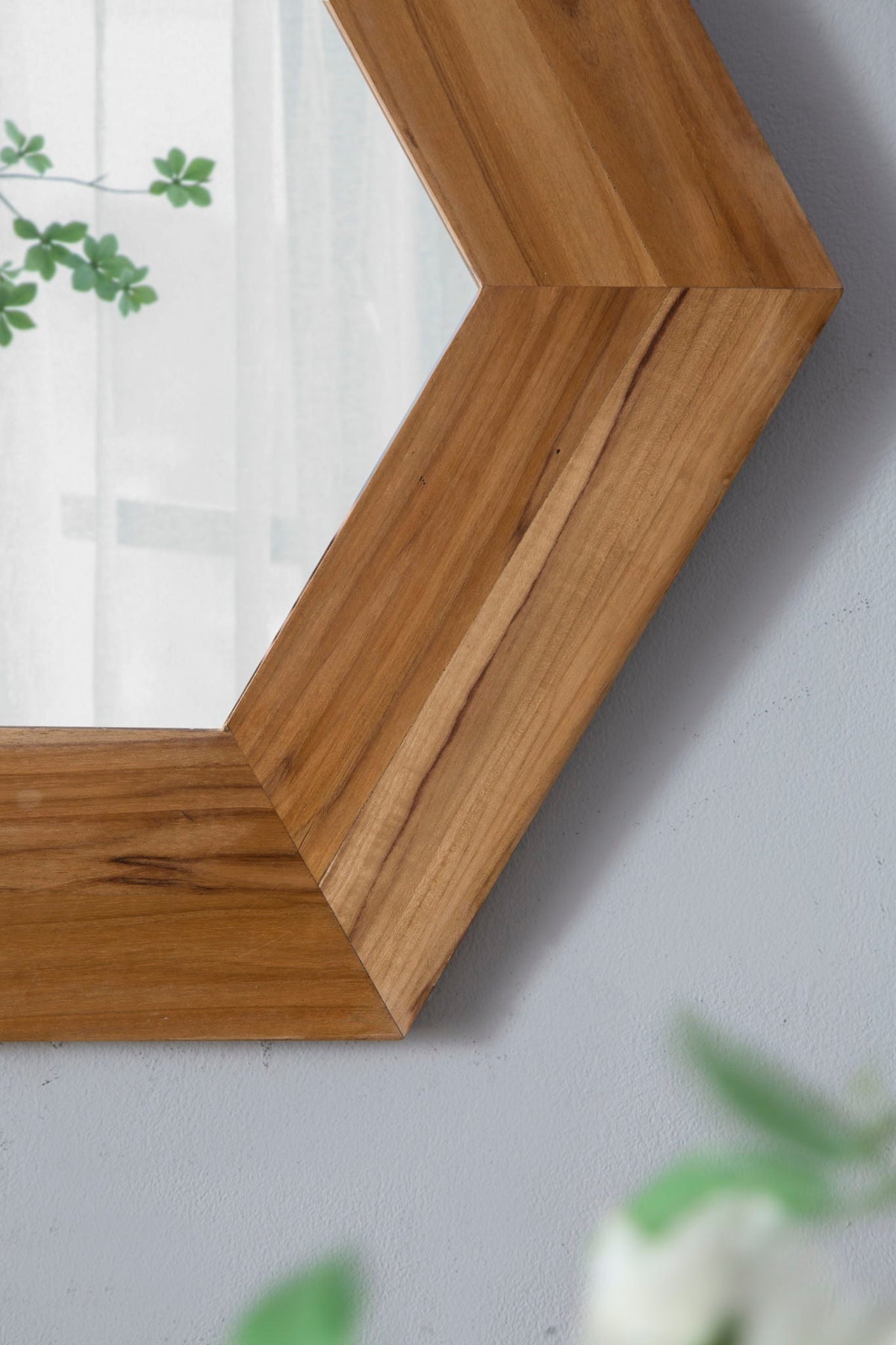 Hexagon Accent Mirror with Solid Teak Wood Frame - Light Brown, Dark Brown, Black