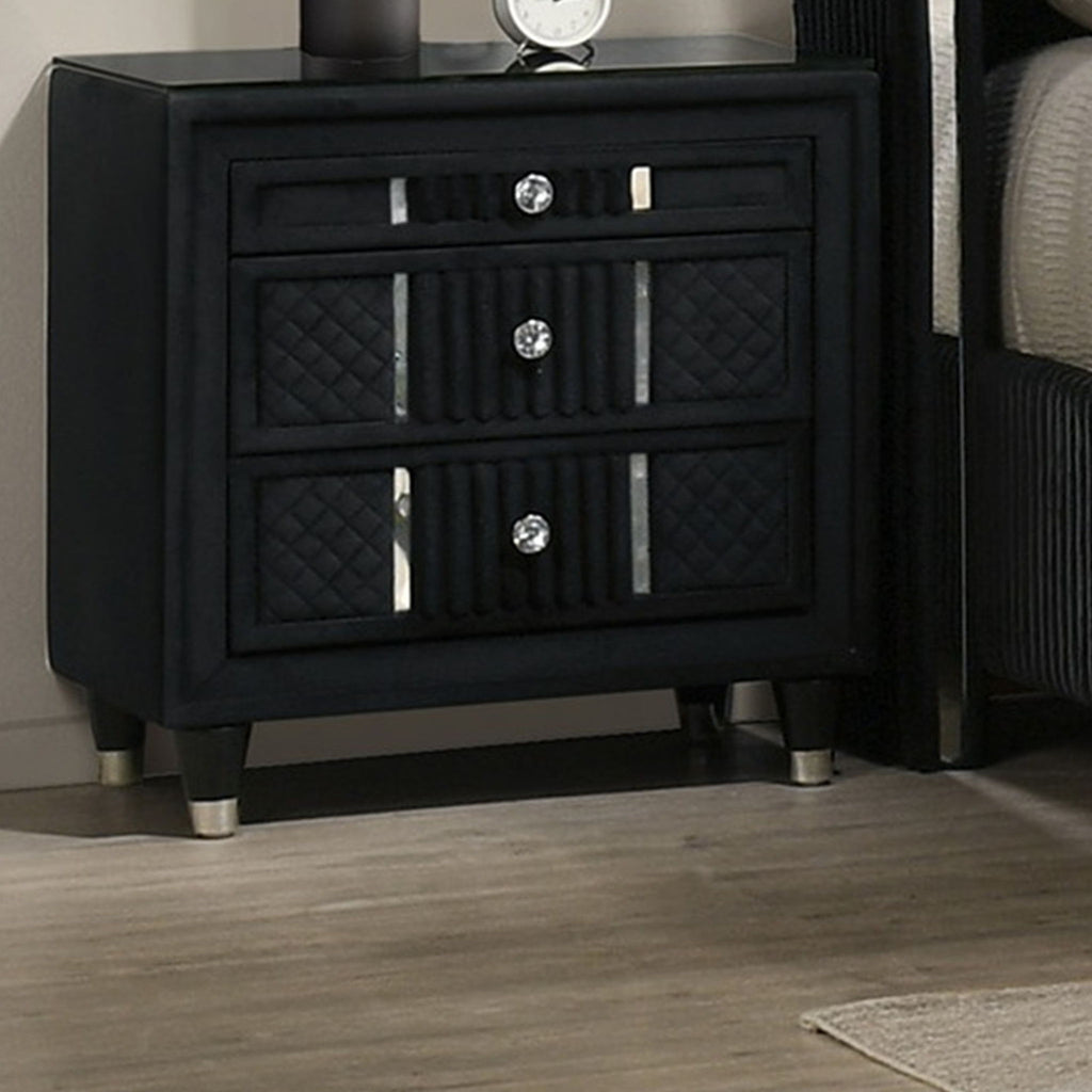 Black Upholstered Nightstand with Crystal Knobs – Luxurious Storage