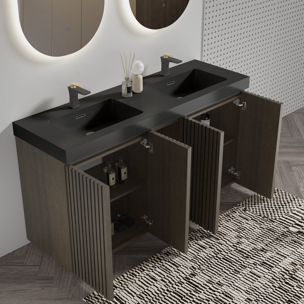 Galan 60" Smoked Oak Bathroom Vanity with Dual Soft-Close Doors - Oak