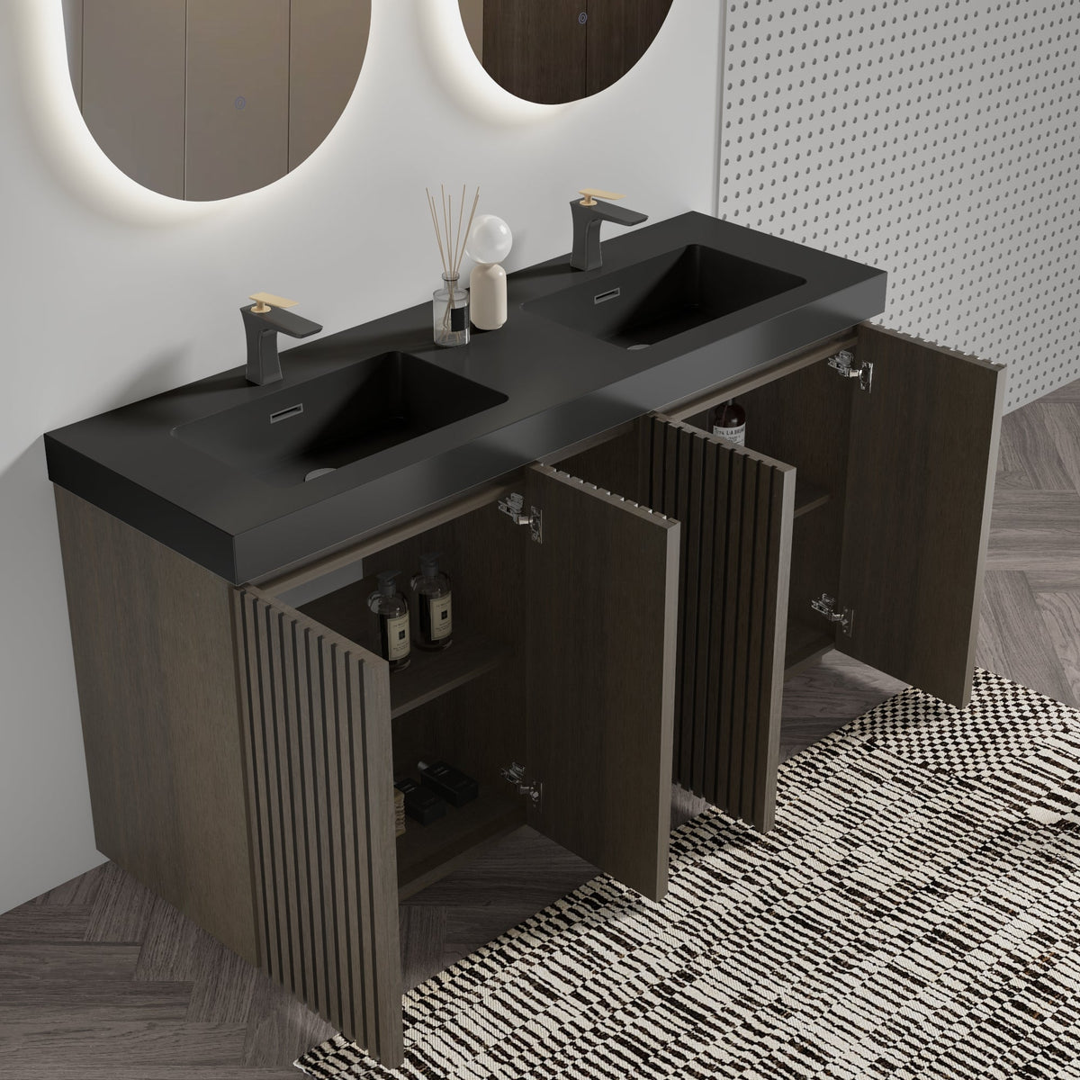 Galan 60" Smoked Oak Bathroom Vanity with Dual Soft-Close Doors - Oak