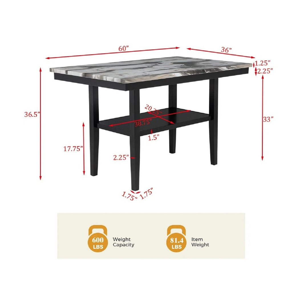 5 Piece Counter Dining Set with Faux Marble Tabletop - Black / Brown