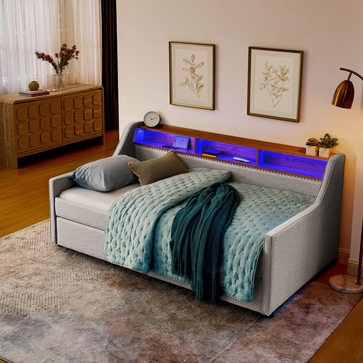 Twin Upholstered Sofa Bed with LED Lights and Storage Drawers - Beige