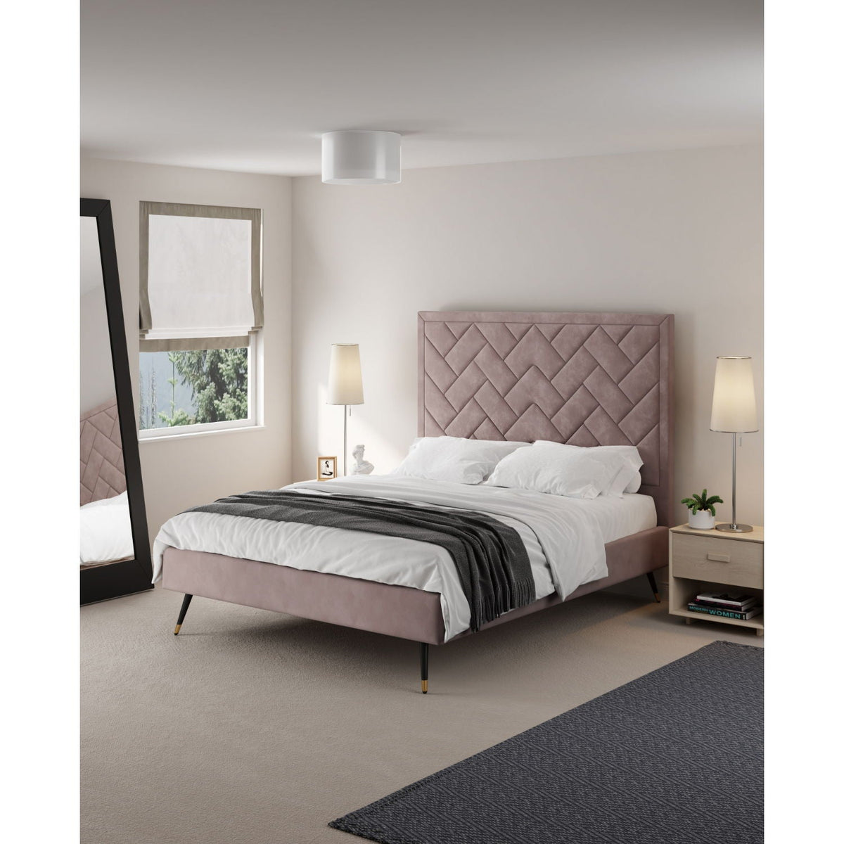 Upholstered Bed with Headboard and Slats - Multiple Colors