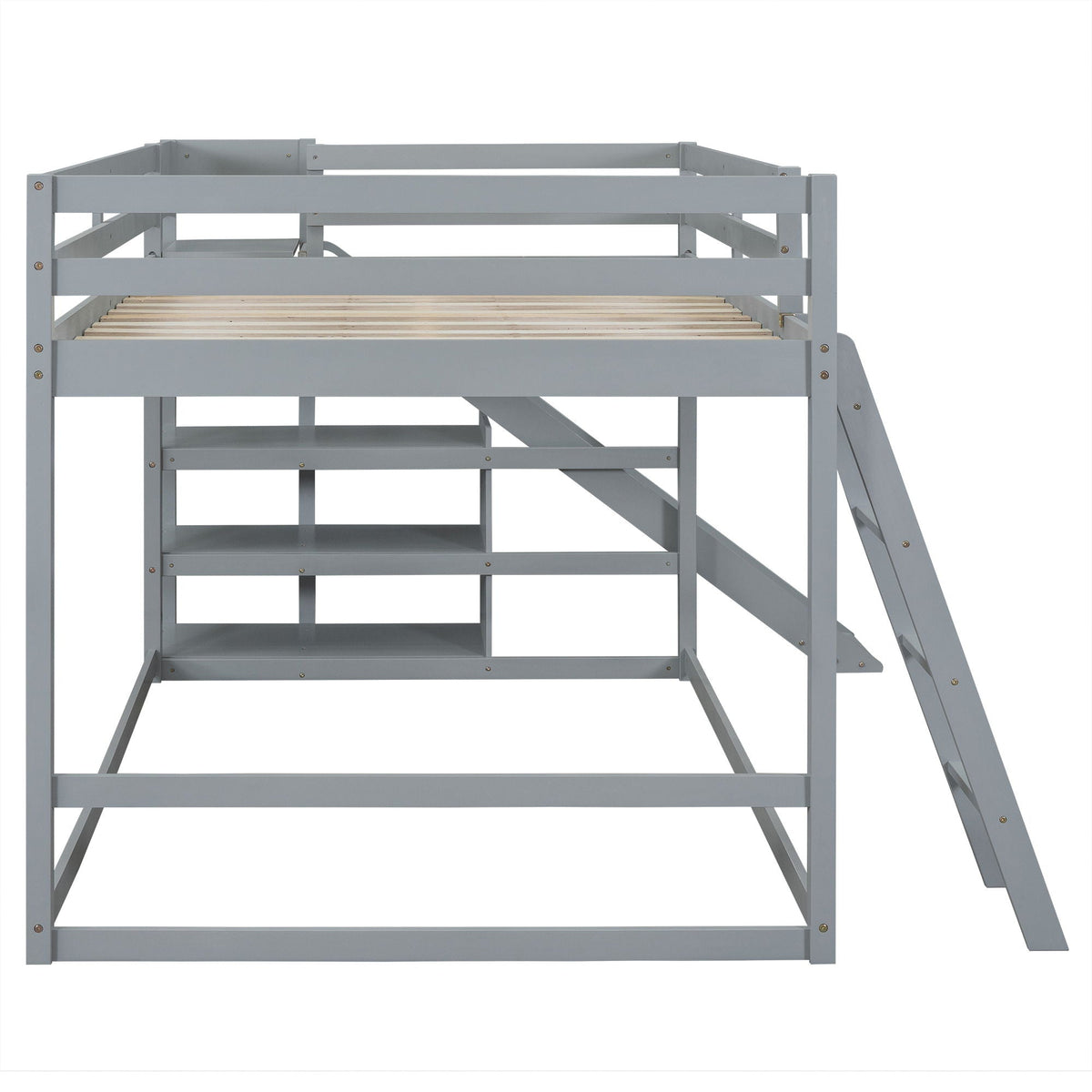 Bunk Bed With Ladder, Slide, and Shelves - Pine Wood, Full Over Full