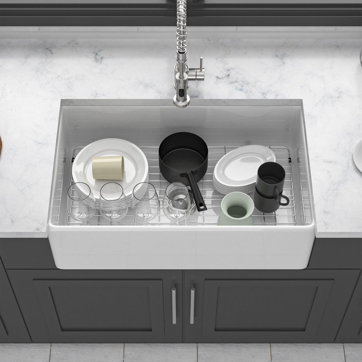 Ceramic Farmhouse Sink with Deep Basin and Stainless Steel Grid - White