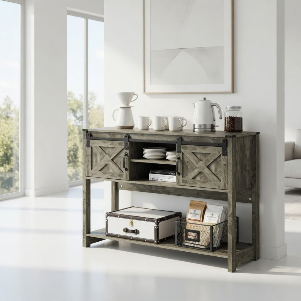 Farmhouse Entryway Table with Sliding Barn Door - Gray, Dark Gray, White, Black