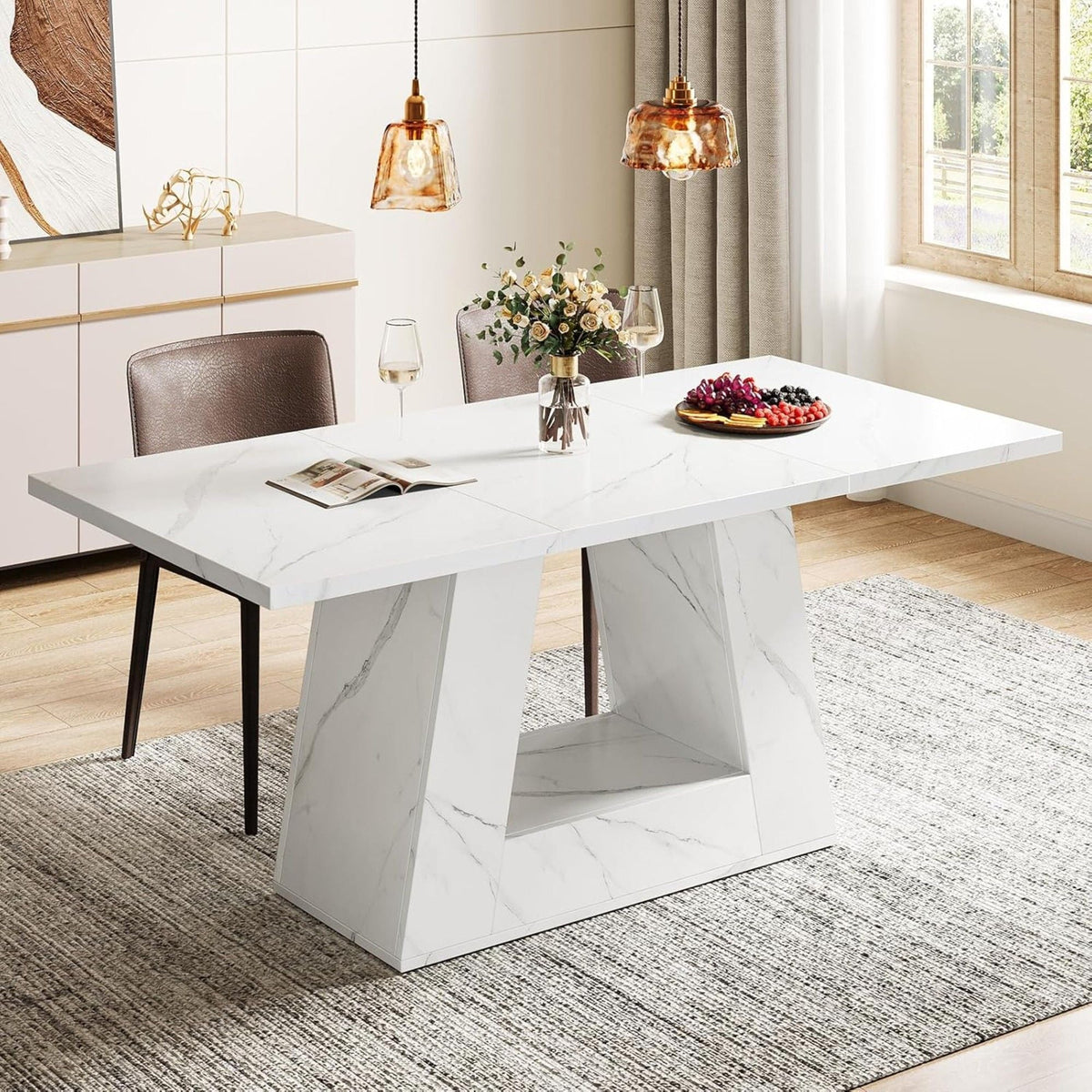 White Dining Table for 4–6 with Trapezoid Base - Faux Marble Finish