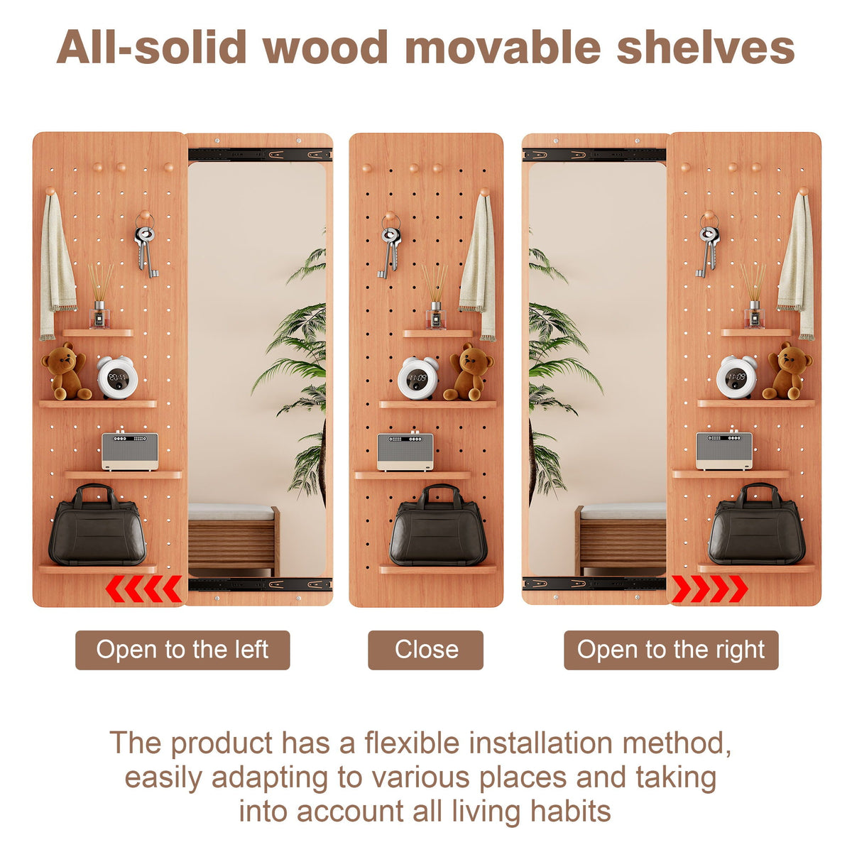 Full Length Wall Mounted Mirror with Shelf and Hook - Dark Brown, White, or Light Brown