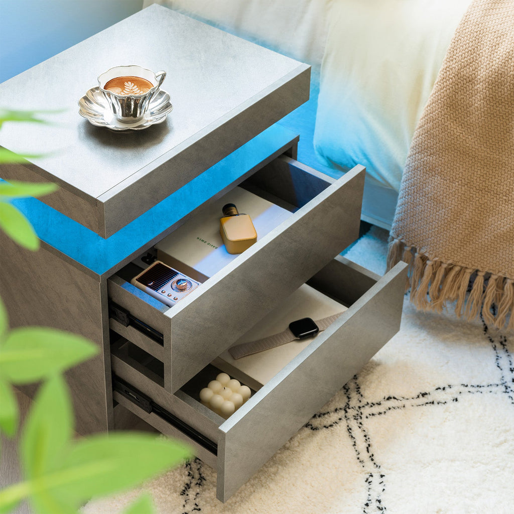 Modern LED Nightstand with 2 Drawers and Adjustable Lighting - Deep Gray