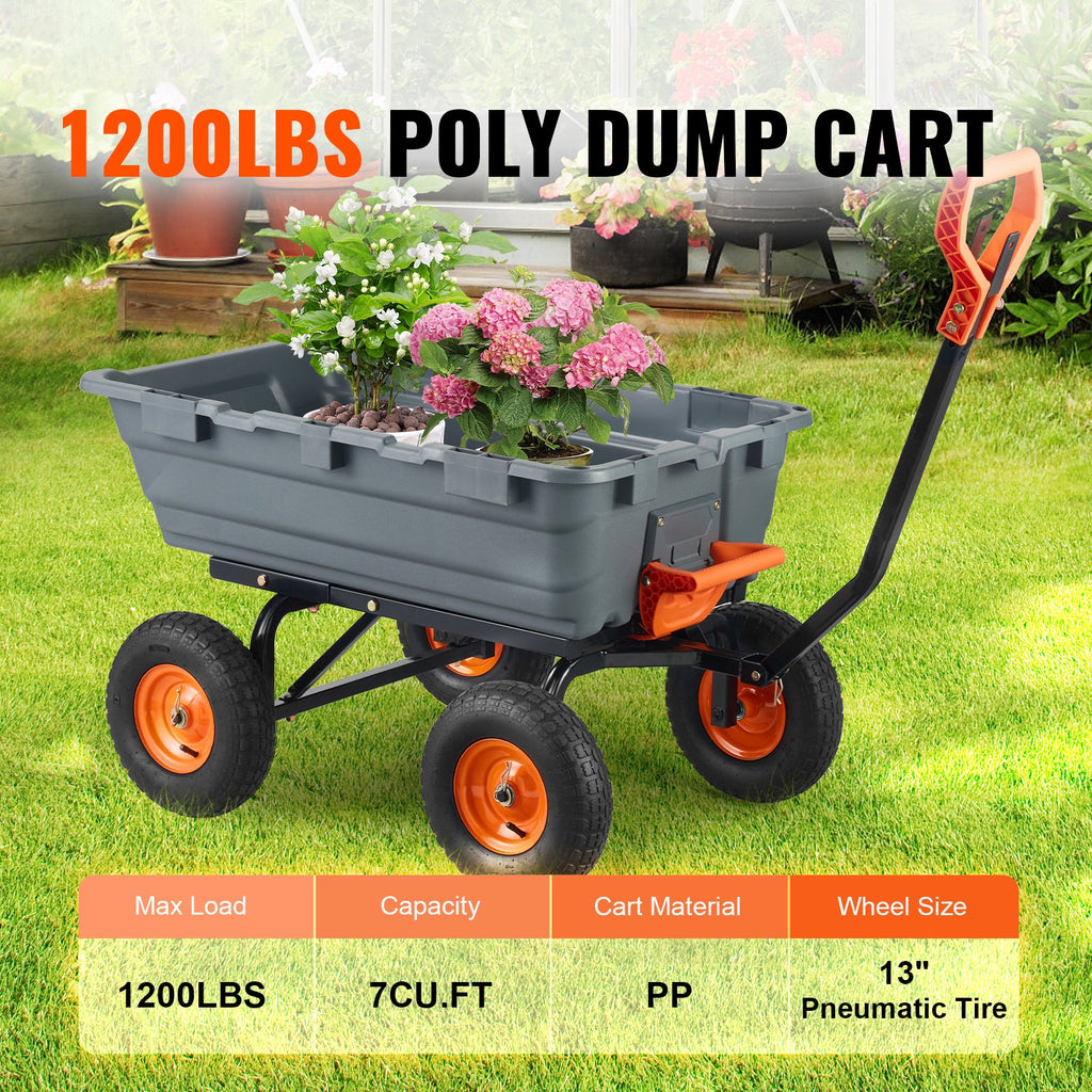 Dump Cart with Poly Body and Steel Frame - 1200 lbs Capacity, Black