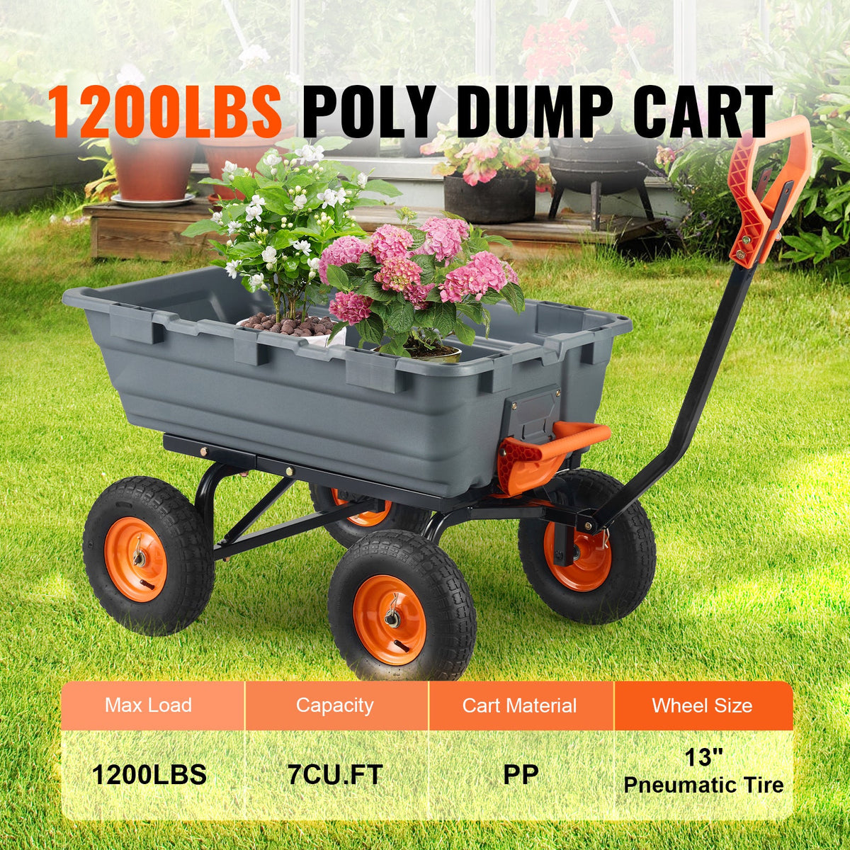 Dump Cart with Poly Body and Steel Frame - 1200 lbs Capacity, Black