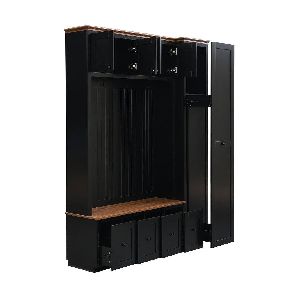 Entryway Hall Tree with Storage Bench and Cabinets – Black or White
