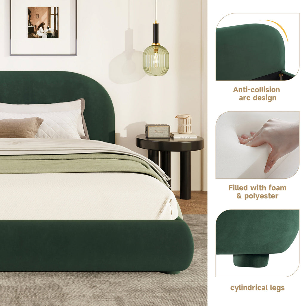 Dark Green Velvet Bed Frame with Curved Headboard - Green