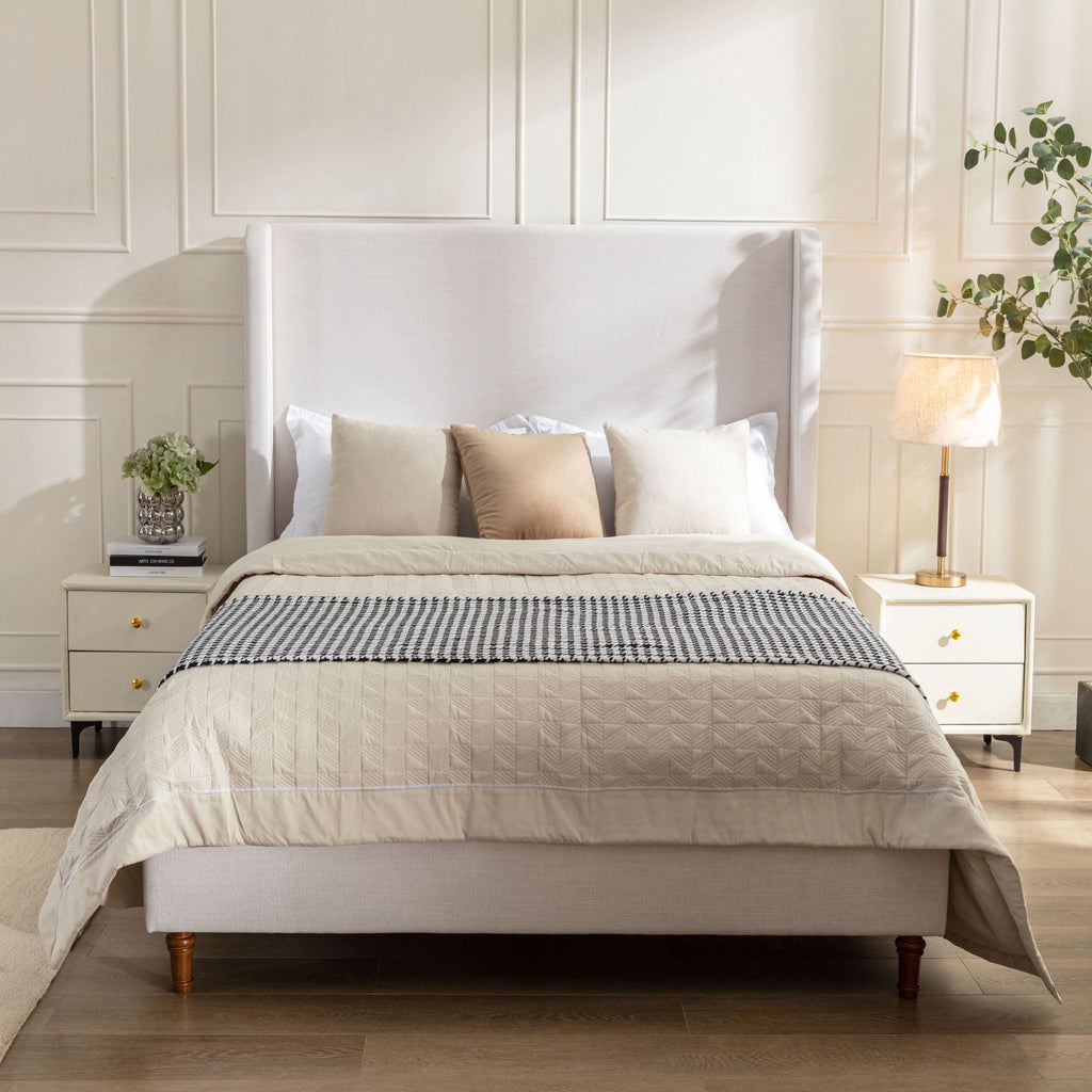 Tall Headboard Upholstered Bed with No Box Spring Needed - Cream