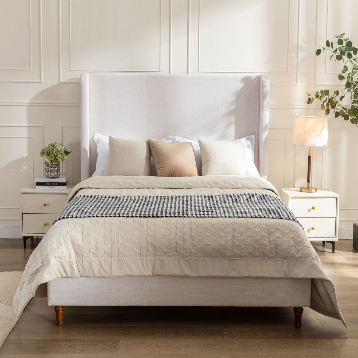 Tall Headboard Upholstered Bed with No Box Spring Needed - Cream