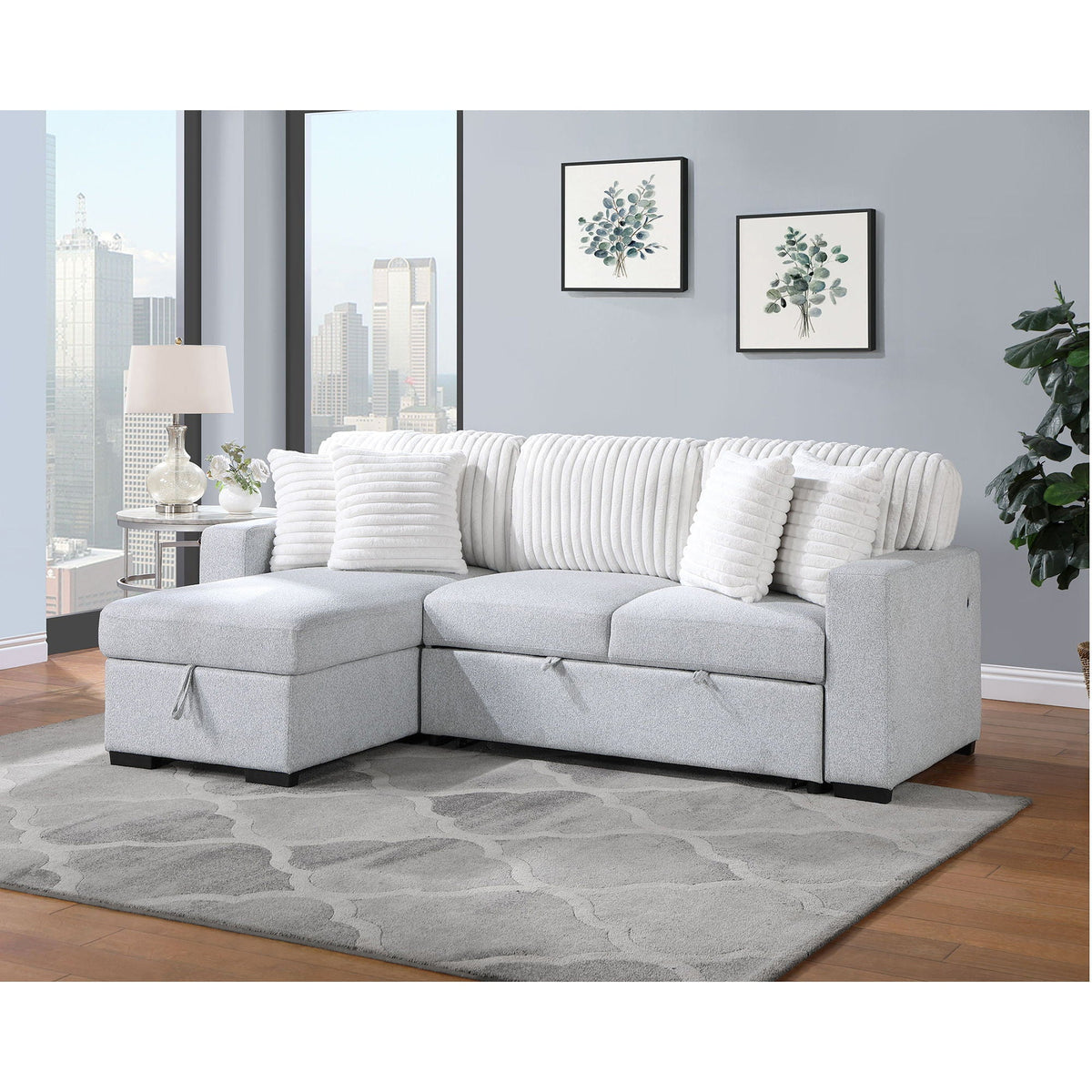 Reversible Pull Out Sofa Bed with Cup Holders - Light Gray