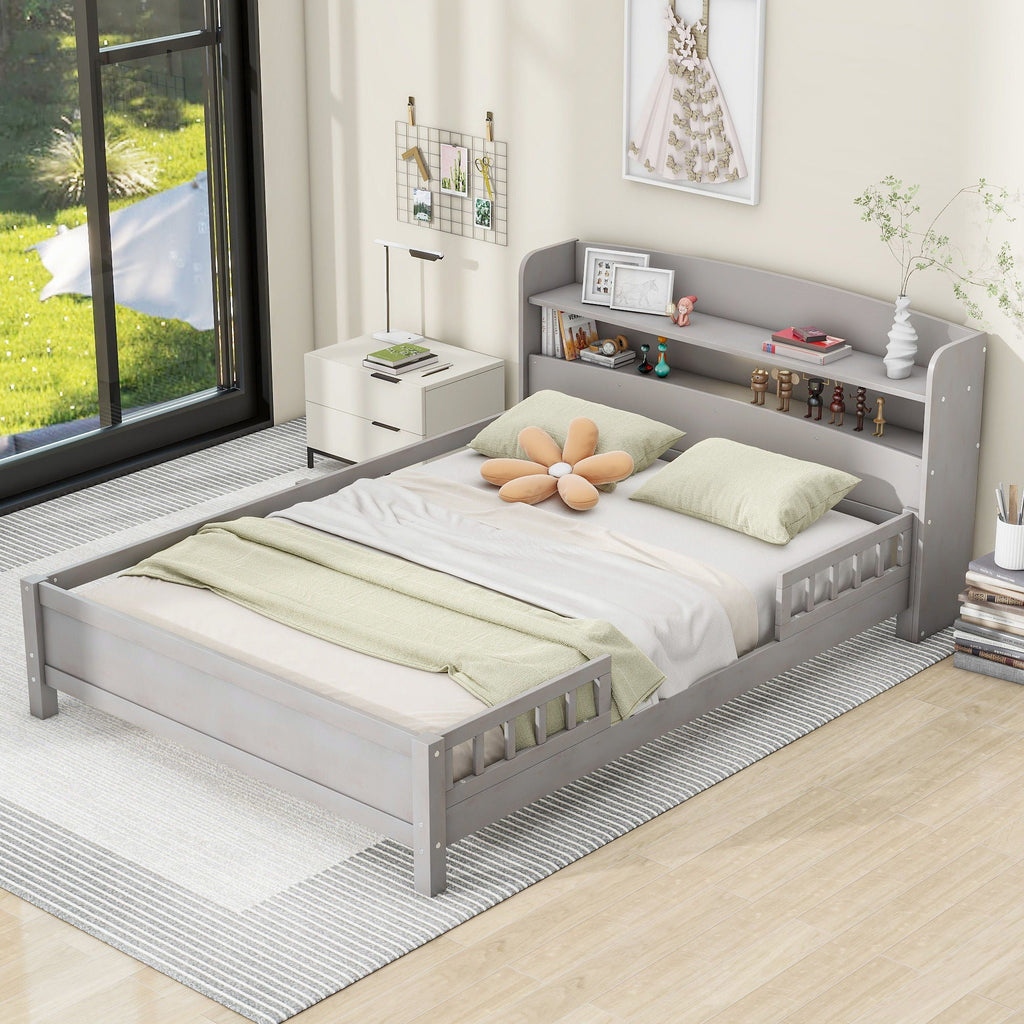 Wood Platform Storage Bed with LED Light & Storage Headboard - White or Dark Gray