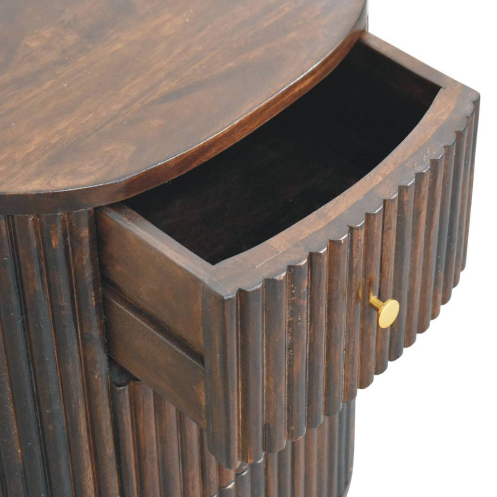 Solid Wood Curved Fluted 3-Drawer Drum Chest with Velvet Mocha Finish