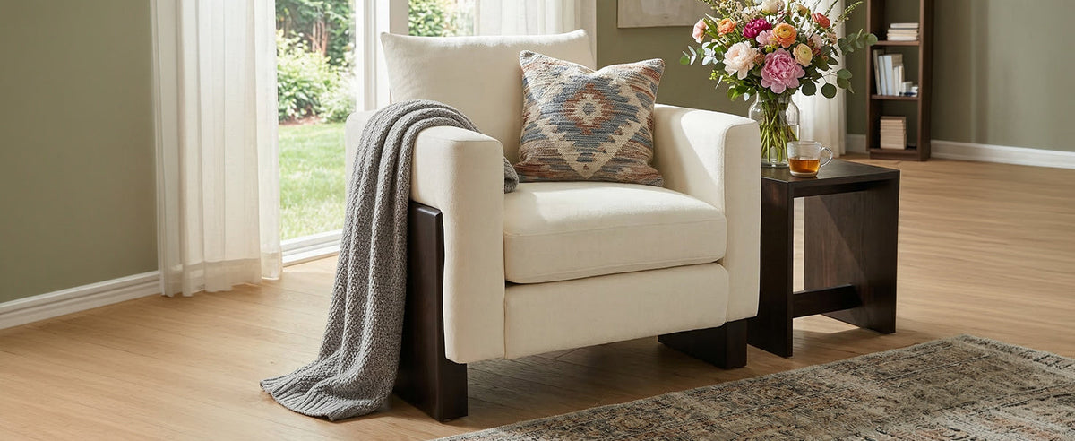 Modern Accent Chair with Rubberwood Legs - Beige Chenille