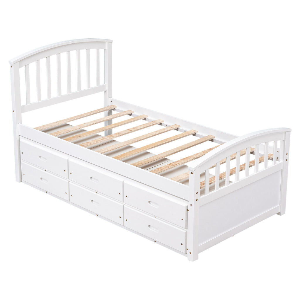 Solid Wood Twin Storage Bed with 6 Drawers - Multiple Colors