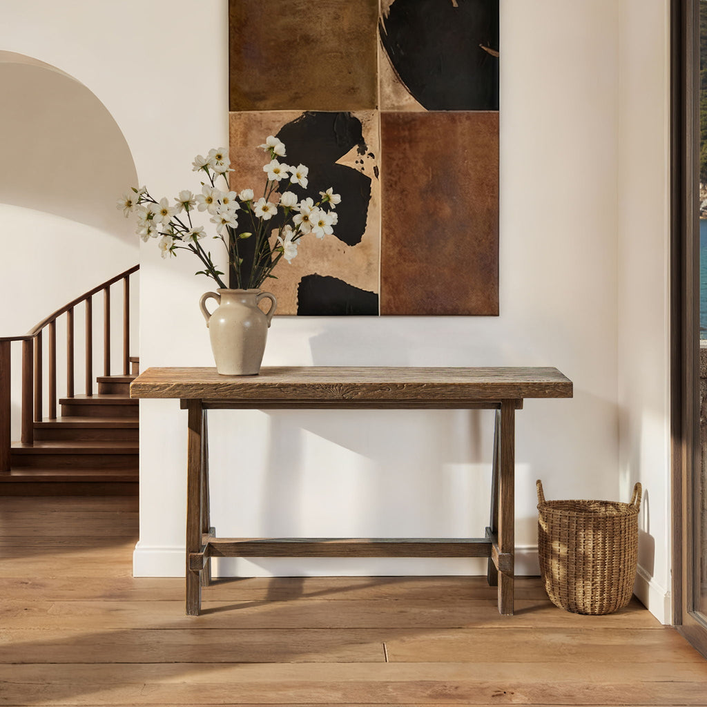 Trestle Coffee Table with Solid Reclaimed Elm Construction - Dark or Light Brown