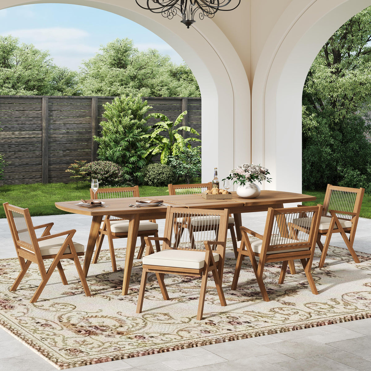 Acacia Wood Patio Dining Chair Set with Water-Repellent Cushions - Grey Rope