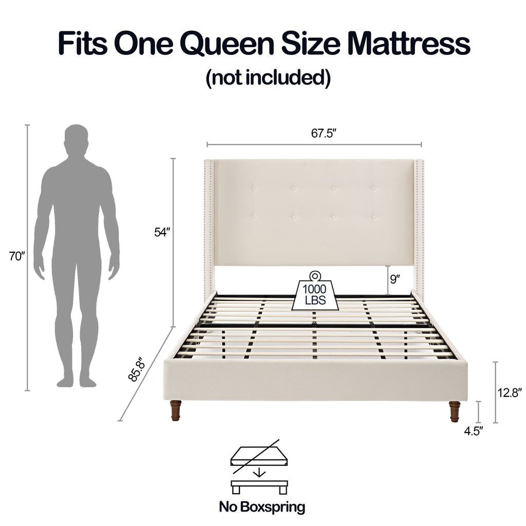 Upholstered Bed with 54" High Headboard and Hand Buttoned Tufting - White or Blue