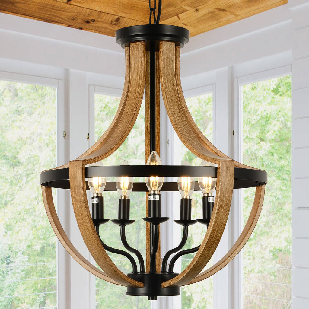 5-Light Modern Chandelier with Geometric Wooden Frame - Brown
